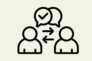 Line art icon of two people exchanging ideas, representing client collaboration and professional communication skills.