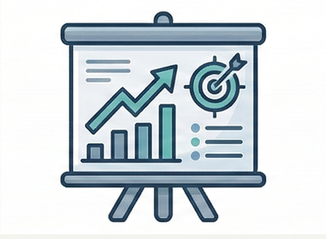Presentation board with an upward trending graph indicating corporate planning and business strategy support
