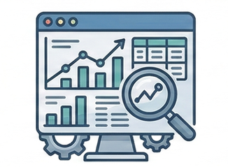 Computer monitor displaying charts with a magnifying glass representing data analysis and business reporting services