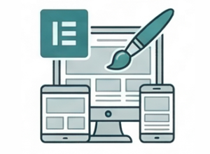 Web page layout wireframe and paintbrush icon representing custom Elementor design and WordPress page building