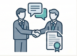 Two people shaking hands and a document icon illustrating executive liaison and professional communication services