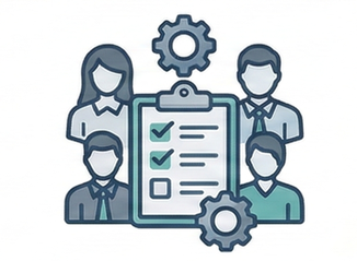 Group of people and a clipboard icon symbolizing business operations and personnel coordination services