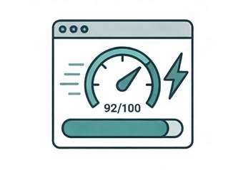 Speedometer and lightning bolt over a browser window symbolizing website speed and performance optimization