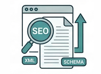 Magnifying glass focusing on a web document with an SEO badge illustrating search engine optimization services