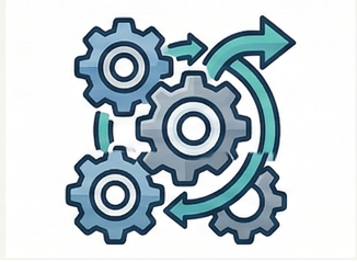 Interconnected gears with arrows depicting business process streamlining, workflow optimization, and automation