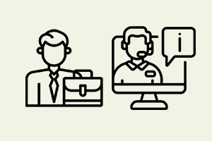 Icon depicting a business professional alongside a remote worker on a monitor, representing Virtual Assistant (VA) and remote administrative support services.