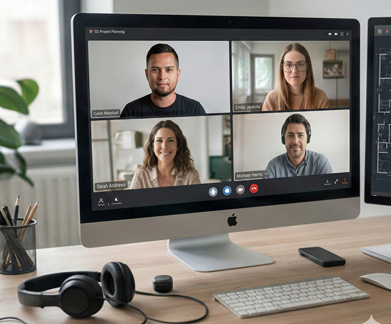 A home office desk setup featuring a monitor displaying a professional four-person video conference call, representing reliable remote virtual assistant and team collaboration services.