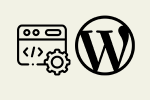 Icon combining web browser code brackets and the WordPress logo, symbolizing custom WordPress website development and technical maintenance.