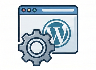 Browser window with WordPress logo and a gear representing WordPress website management and maintenance