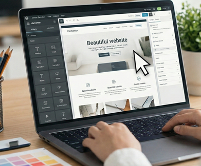 Over-the-shoulder view of a web developer designing a custom website layout using the WordPress Elementor page builder on a laptop.