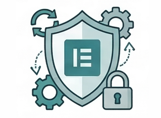 WordPress Elementor logo with a shield and gears representing secure website maintenance and Elementor plugin updates